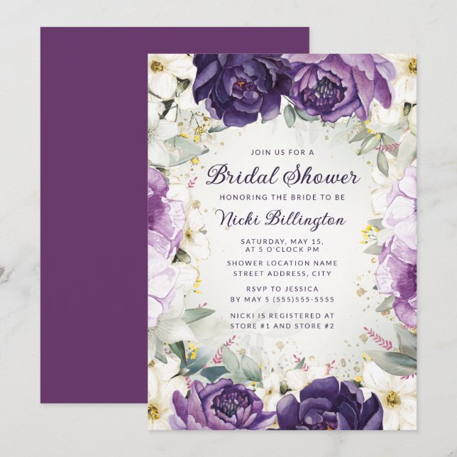 Romantisk lila vit blomster glitter bröllopsdusch inbjudningar (Fram/baksida)