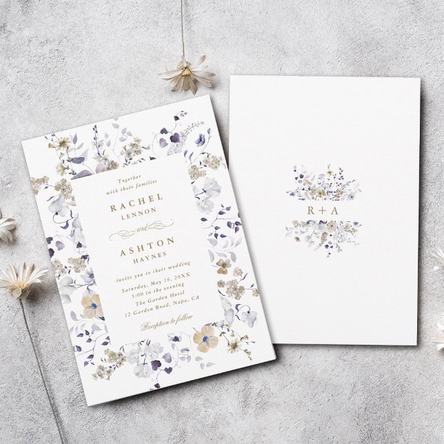 Romantisk lila vit guld blommig bröllop  inbjudningar (Front & Back)