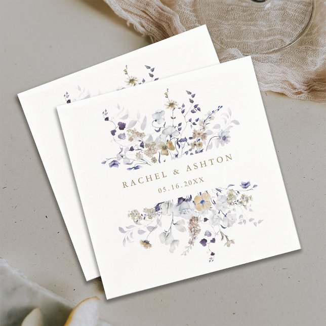 Romantisk lila vit guld blommig bröllop  pappersservett (Skapare uppladdad)