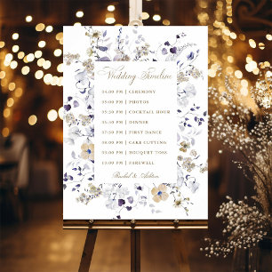 Romantisk lila vit guld blommig bröllopstidslinje poster