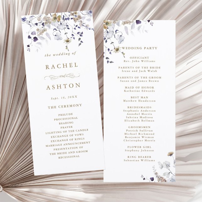 Romantisk lila vit guld blommig vigselceremoni program (Front & Back)