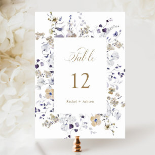 Romantisk lila vit guld blomsterbröllop   bordsnummer