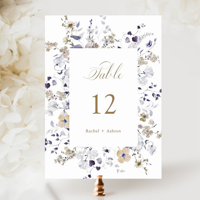 Romantisk lila vit guld blomsterbröllop   bordsnummer (Skapare uppladdad)