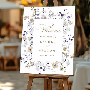 Romantisk lila vit guld blomsterbröllop välkomstsk poster