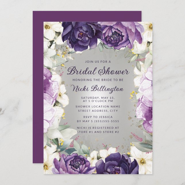 Romantisk Lila White Blommigt Glitter Möhippa Inbjudningar (Fram/baksida)