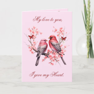 Romantisk Love birds - Rosa Cherry Träd Valentine Helgkort