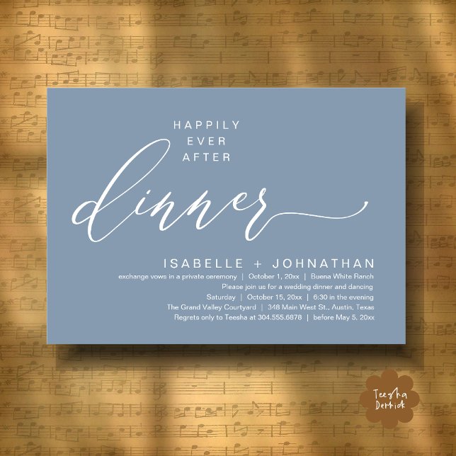 Romantisk lycklig för alltid middagsbröllop fest inbjudningar (Romantic Modern Happily Ever After Party Elopement Dinner Invitation Card PDF in Classy Dusty Blue)
