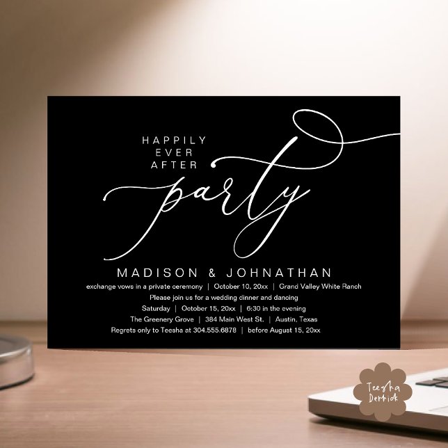 Romantisk Lycklig För Evigt Fest, Bröllopsmiddag Inbjudningar (Happily Ever After Party, Romantic Wedding Dinner Invitation Card PDF aesthetic Classy Black White)