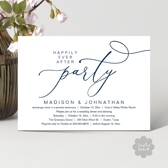 Romantisk lyckligtvis allt efter Party, Bröllop mi Inbjudningar (Happily Ever After Party, Romantic Wedding Dinner Invitation Card PDF aesthetic Classy Navy Blue)