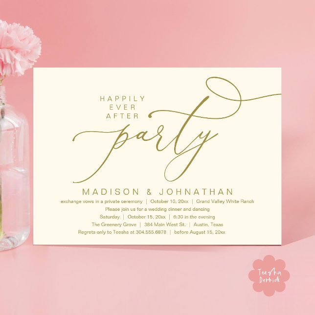 Romantisk lyckligtvis allt efter Party, Bröllop mi Inbjudningar (Happily Ever After Party, Romantic Wedding Dinner Invitation Card PDF aesthetic Yellow Gold)