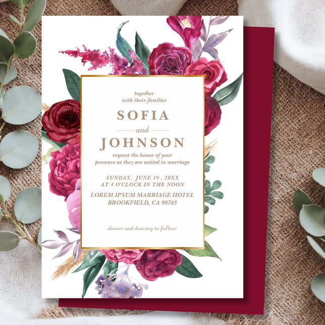 Romantisk Lyx Röd Vinröd Akvarell Blommig Bröllop Inbjudningar (Skapare uppladdad)