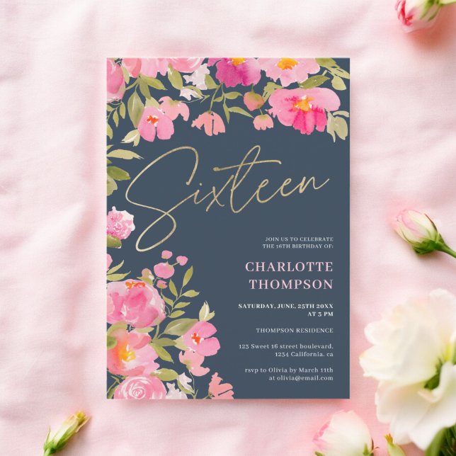 Romantisk målad Rosa Blommigt blue Sweet 16 Inbjudningar (Romantic Painted Pink Floral blue Sweet 16 Invitation)
