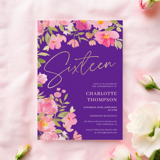 Romantisk målad Rosa Blommigt lila Sweet 16 Inbjudningar (Romantic Painted Pink Floral purple Sweet 16 Invitation)