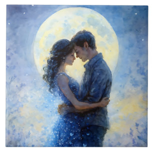 Romantisk månbelyst par vattenfärgsbild Dreamy Blu Kakelplatta