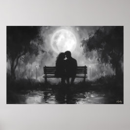 Romantisk månljust silhuett på en parkbänk poster
