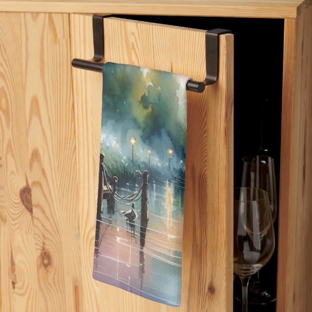 Romantisk månljusvattensfärg Nattscen Kökshandduk (Thirds Fold)