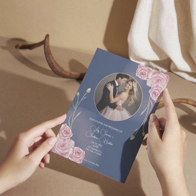 Romantisk marin Blue &  Rosa Bröllop Inbjudningar (Skapare uppladdad)