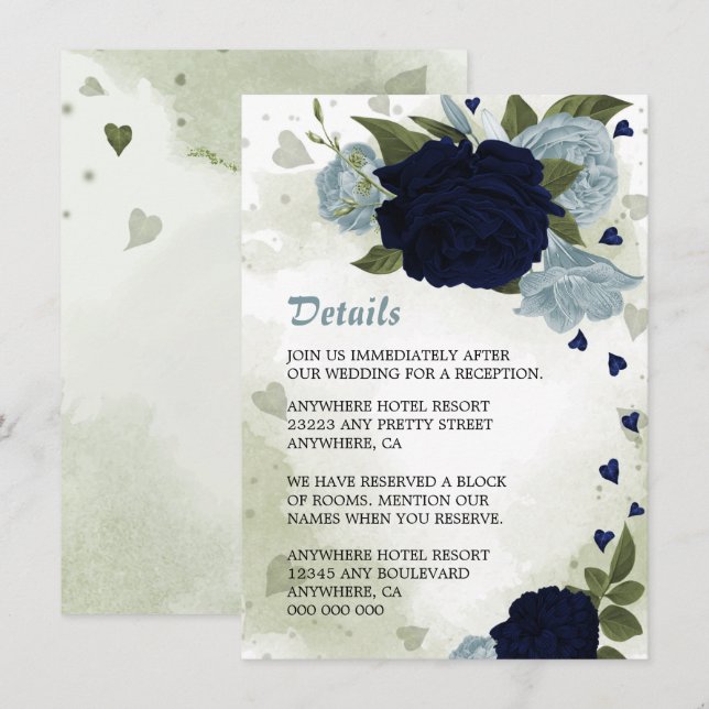 romantisk marin &dammig blåa blommor greenerdetalj tilläggskort (Fram/baksida)