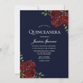 Romantisk marin och Röd ros Quinceanera Inbjudan