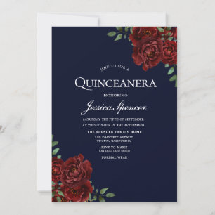 Romantisk marin och Röd ros Quinceanera Inbjudan