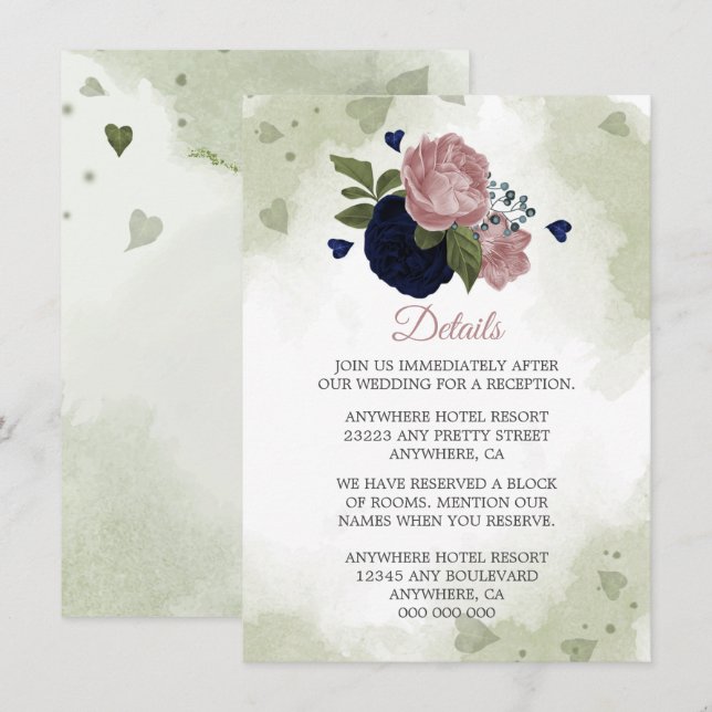 romantisk marin och rosa blommor, grön information tilläggskort (Fram/baksida)