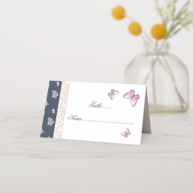 Romantisk marin och rosa-butterflies-blommigt-plat placeringskort (Framsida)