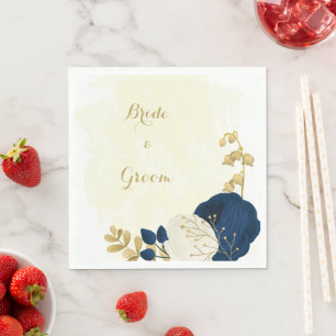 Romantisk marin & vita blommor guldbröllop pappersservett