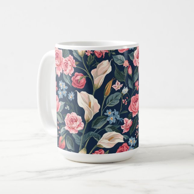 Romantisk marinblå blomsterträdgårdsmönster kaffemugg (Framsida vänster)