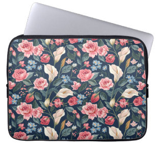 Romantisk marinblå blomsterträdgårdsmönster laptop fodral