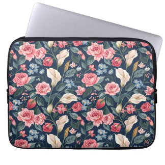Romantisk marinblå blomsterträdgårdsmönster laptop fodral
