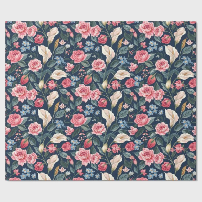 Romantisk marinblå blomsterträdgårdsmönster presentpapper (Platt)