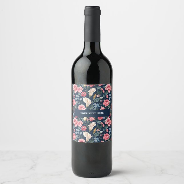 Romantisk marinblå blomsterträdgårdsmönster vinflaska etikett (Framsida)