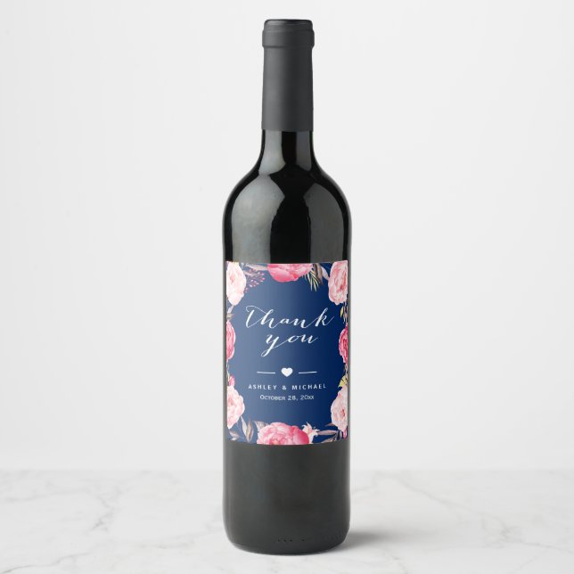 Romantisk marinblå rosa rosblomma tack vinflaska etikett (Framsida)