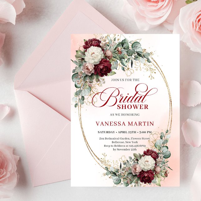 Romantisk Maroon Blommig Guld Bröllopsfest Kort (Romantic Maroon Floral Gold Bridal Shower Card

)