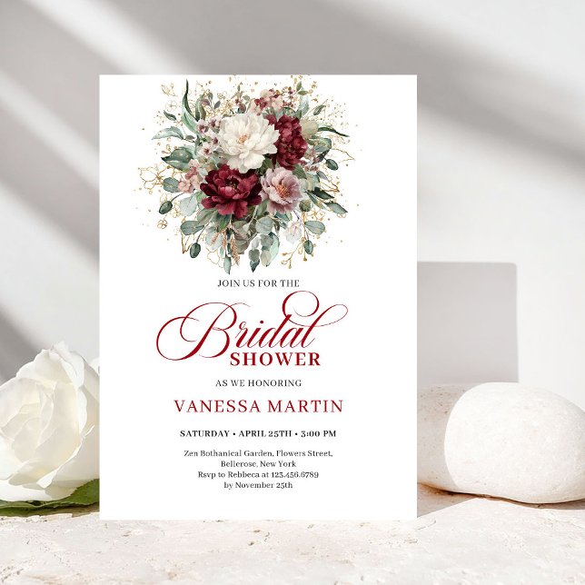 Romantisk Maroon & Guld Bröllopsfestinladning Inbjudningar (Romantic Maroon & Gold Bridal Shower Invitation)