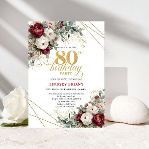 Romantisk Marsala Blommig Eukalyptus 80-årsdag Inbjudningar