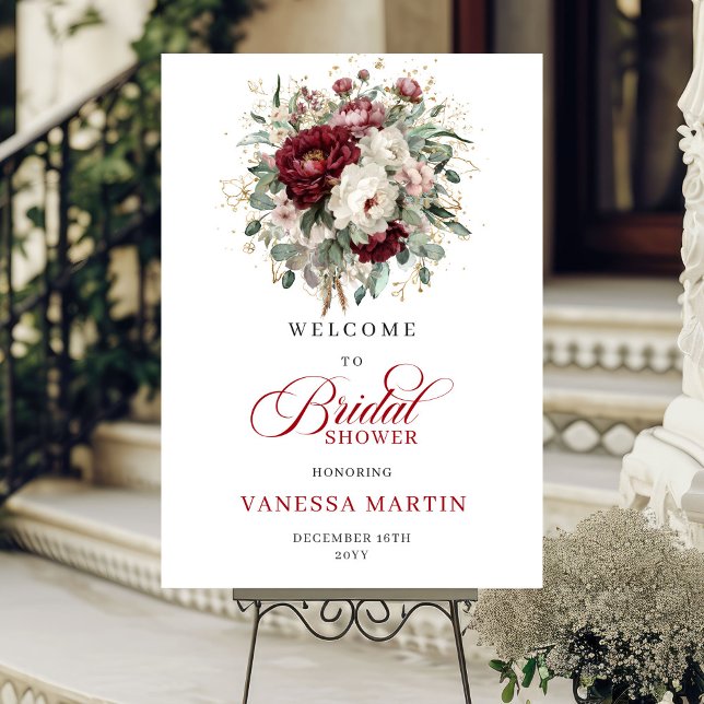 Romantisk Marsala Blommig Eukalyptus Välkomstskylt Poster (Romantic Marsala Floral Eucalyptus Welcome Sign)
