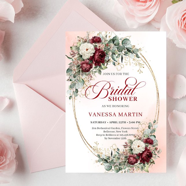 Romantisk Marsala Blommig Guld Bröllopsfest Inbjud Inbjudningar (Romantic Marsala Floral Gold Bridal Shower Invite

)