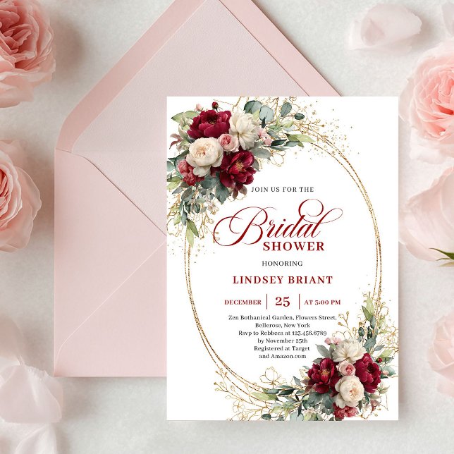 Romantisk Marsala Blommig Guld Bröllopsfest Inbjud Inbjudningar (Romantic Marsala Floral Gold Bridal Shower Invitation)