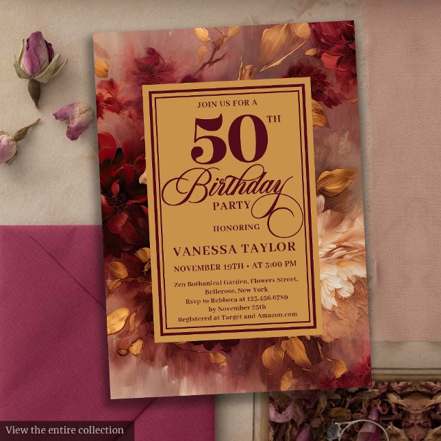 Romantisk marsalaj röseguld blommig 50-årsdag inbjudningar (Romantic marsala blush gold floral 50th birthday card

)