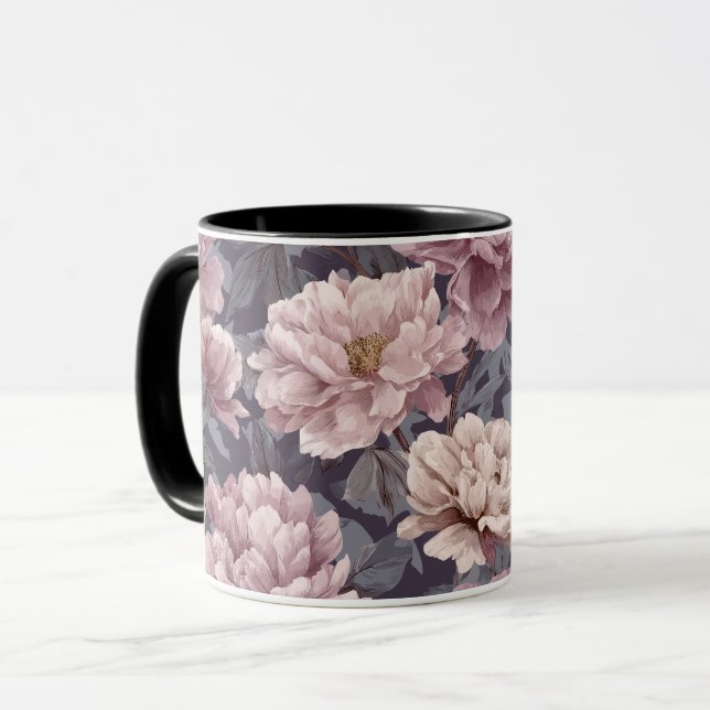 Romantisk Mauve Peony Crème Blommönster Mugg (Framsida vänster)