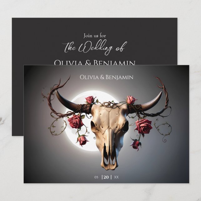 Romantisk medeltida Blommigt Cow Skull Bröllop Inbjudningar (Fram/baksida)