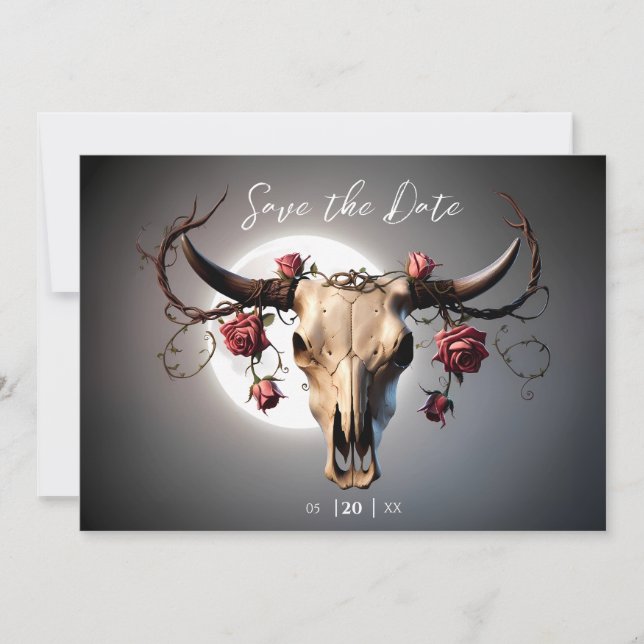 Romantisk medeltida Blommigt Cow Skull Bröllop Spara Datumet (Framsida)