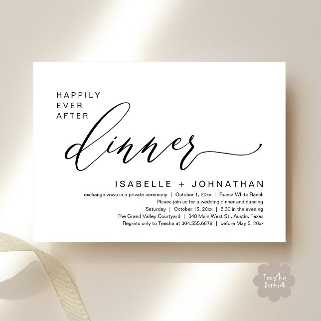 Romantisk Middag Bröllopsflykt Party Med Lyckligt  Inbjudningar (Romantic Modern Happily Ever After Party Elopement Dinner Invitation Card PDF in Classy Black White)