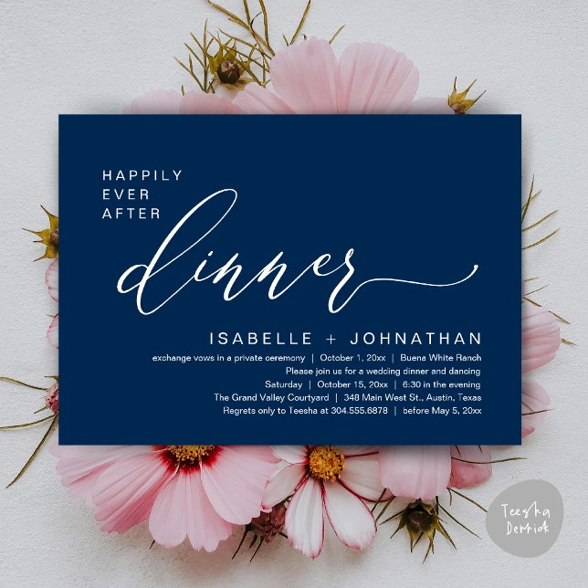 Romantisk Middag Bröllopsflykt Party Med Lyckligt  Inbjudningar (Romantic Modern Happily Ever After Party Elopement Dinner Invitation Card PDF in Classy Navy Blue)
