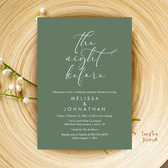 Romantisk middag för bröllopet kvällen innan inbjudningar (Romantic Wedding Rehearsal Dinner The Night Before Invitation Card in Sage Green)