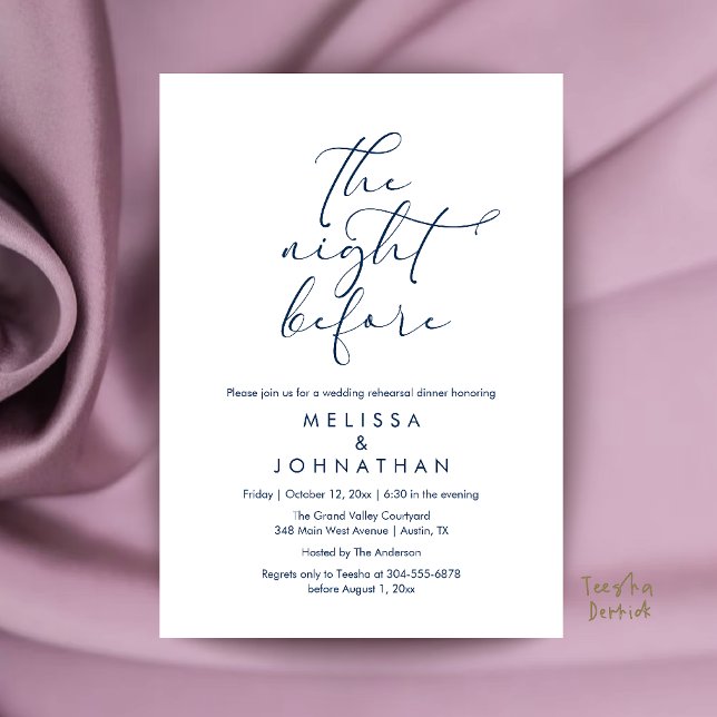 Romantisk middag för bröllopet kvällen innan inbjudningar (Romantic Wedding Rehearsal Dinner The Night Before Invitation Card in Navy Blue)