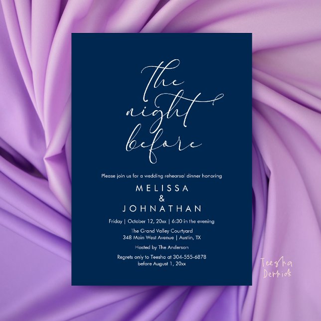 Romantisk middag för bröllopet kvällen innan inbjudningar (Romantic Wedding Rehearsal Dinner The Night Before Invitation Card in Navy Blue)