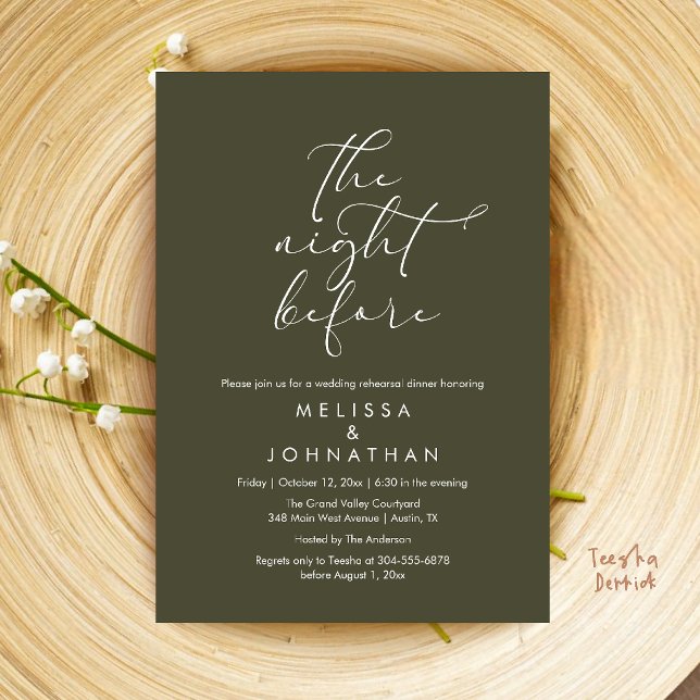 Romantisk middag för bröllopet kvällen innan inbjudningar (Romantic Wedding Rehearsal Dinner The Night Before Invitation Card in Olive Green)