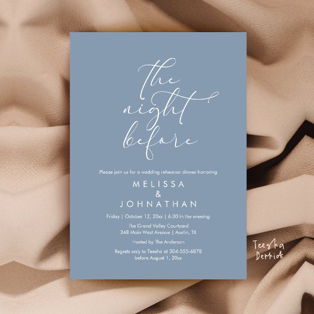 Romantisk middag för bröllopet kvällen innan inbjudningar (Romantic Wedding Rehearsal Dinner The Night Before Invitation Card in Dusty Blue)